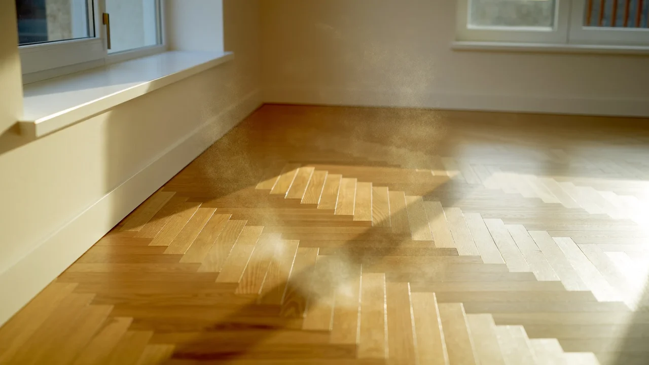 Illustration: leerer, sonniger Wohnraum nach der Endreinigung mit sauberem Parkett